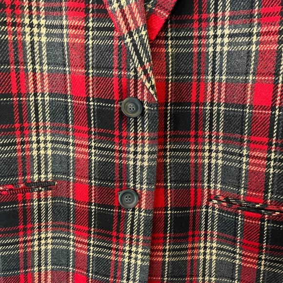 Vintage 90s wool blend single breasted plaid blazer red black tan lined 18 - Picture 6 of 11